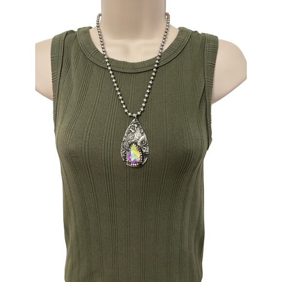 Women's Silver Tone Teardrop Pendant Iridescent Jewel Necklace Whimsigoth Emo - Picture 1 of 6